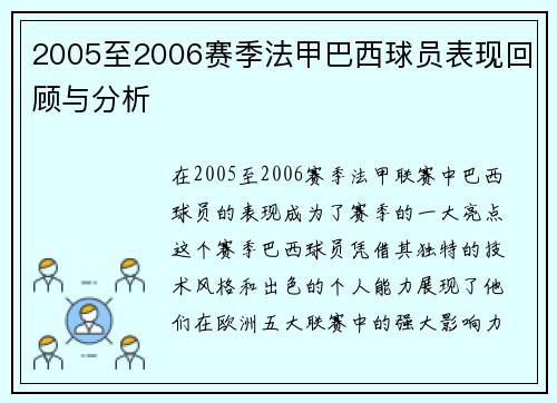 2005至2006赛季法甲巴西球员表现回顾与分析